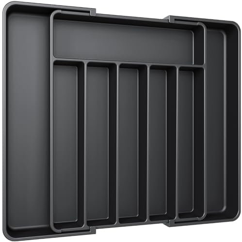 Aujen Cutlery Drawer Organiser - Expandable Kitchen Drawer Storage Organiser, Adjustable Cutlery Tray, Multipurpose Utensil Organisation for Forks, Knives, Black, 34.00x4.17x 28.00~50.00 cm
