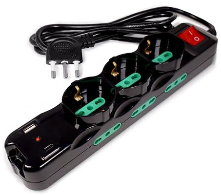 Tecnoware Power Systems - Multipresa Power Cleaner 9 | 3 Prese Schuko/Italia 10/16A | 6 Prese Italia 10/16A | USB-A e USB-C Quick Charger 3.0 | Interruttore Luminoso, Nero, 9 Uscite