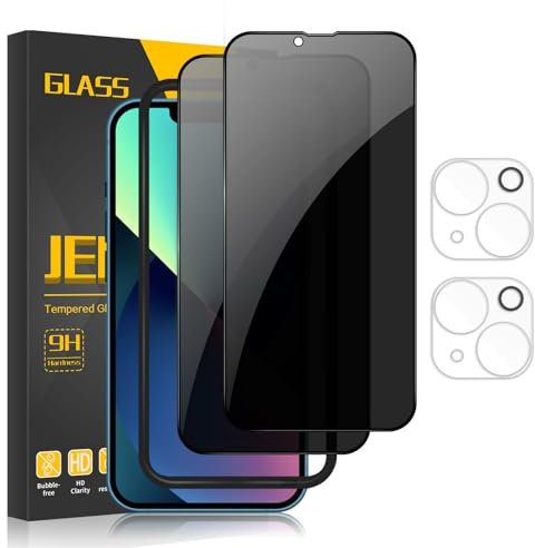 JEHOO für Panzerglas Sichtschutz iPhone 13, 2 Spähen Privatsphäre Sichtschutzfolie und 2 Kamera Glasfolie, 9H Härte Blickschutzfolie, Frei von Kratzern Folie, Rahmen-Installationshilfe