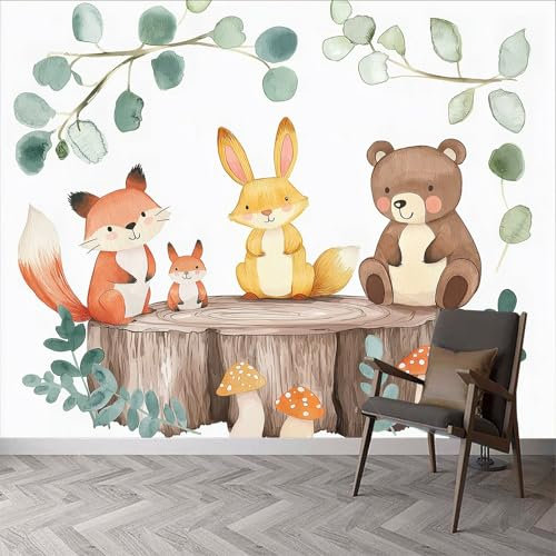 Papier Peint Panoramique Dessin Animé Animaux Peinte Murale, Ours de Lapin Animal de Bande Dessinée Intissé Murale, 400 x 280 cm (L x H) Photo Murale pour Salon Chambre d'enfants Décoration Murale