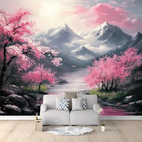 Papier peint intissé 350 x 256 cm Photo Mural Style Japonais Fleurs De Cerisier Montagnes Papier Peint Panoramique Pour Chambre Salon Salle mur Décoration Rose Papier peint imprimé Poster mural