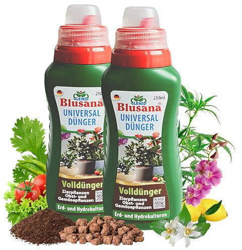 Blusana Premium Universal Flüssigdünger NPK Dünger 6-3-6 für Zierpflanzen Obst- und Gemüse Hydrokultur Erde Hydroponik mineralischer Volldünger (500 ml - 2 x 250ml Flasche)