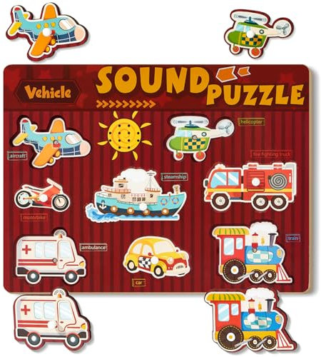 Atoylink Holz Spielzeug Puzzle, Steckpuzzle EnthäLt 8 Fahrzeug, Steckspiel Montessori Motorikspielzeug, Holzspielzeug Baby Geschenk für Kinder Mädchen Jungen 2 3 4 5 Jahre