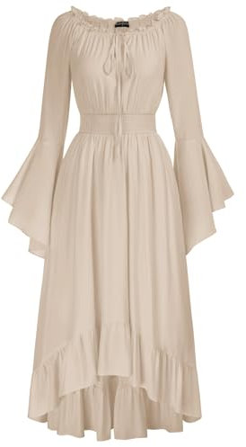 SCARLET DARKNESS Women's Vintage High-Lo Dress Bell Sleeve Flowy Beach Dresses Off Shoulder Victorian Dresses for Women UK Plus Size Beige XXL