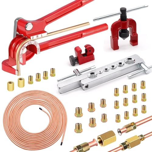 mxuteuk Set di 26 tubi del freno da 3/16 pollici, incluso 25 FT in rame plated con raccordo (16 raccordi, 2 pezzi Union + 4 dadi), piegatrice per tubi del freno, strumento per flare singolo,