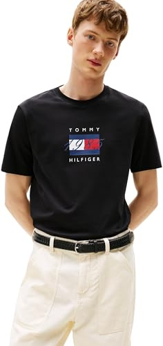 Tommy Hilfiger Men’s Short Sleeve Linear Flag Graphic Regular Fit T-Shirt, Black (Black), M