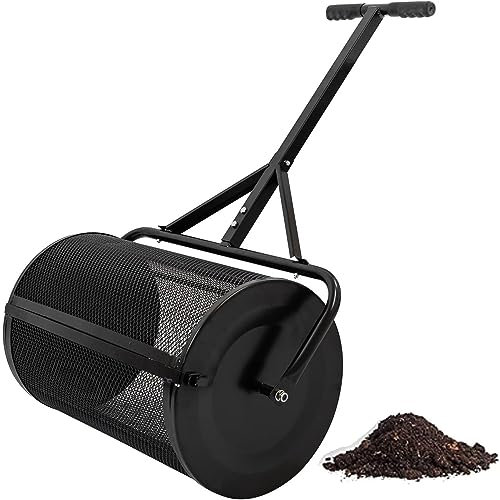 QLSABIA 24” Compost/Manure/Peat Moss Lawn Roller Spreader, Garden Grass Feeding & Weeding Roller, Lightweight Durabl Coated Steel with T-Bar Handle,Black