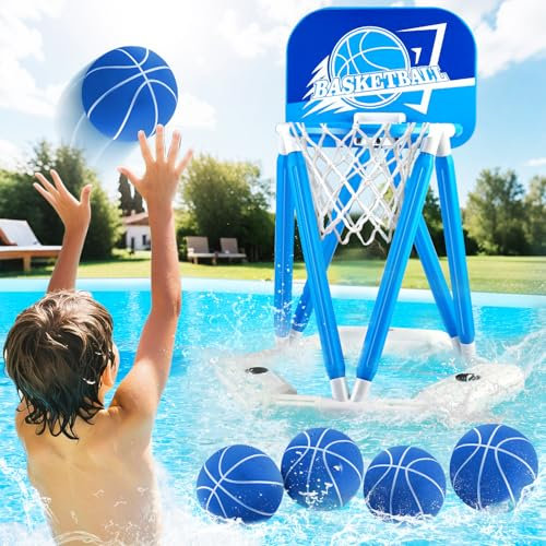 Thusine Pool Basketball Hoop, Floating Basketball Hoop Toy for Pool Water Game with 4 Basketballs Summer Swimming Pool Games for Kids & Adults Indoor Outdoor Play (Blue)
