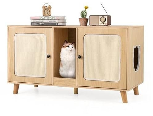 COSTWAY Katzenschrank für Katzentoilette, Katzenklo Schrank mit 2 Türen & Kratzbrett & 2 Sisal-Kratzmatten & Eingang, Katzenhaus für 2 Katzen, Katzenmöbel Beistelltisch, 108 x 50 x 60 cm (Natur)