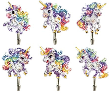 CAYUDEN DIY Diamond Painting Selbstklebende Haken, 6 Stück Diamond-Painting Einhorn Bilder Garderobe Kinder, 5D Diamant Malerei Bastelset Set Erwachsene, Kleiderhaken für Bad, Küche, Eingang Deko