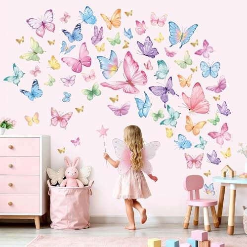 wondever Wandtattoo Bunt Schmetterlinge Wandsticker Aquarell Schmetterling | Abziehen und Aufkleben, Abziehbar, Wandaufkleber Selbstklebend für Kinderzimmer Mädchen Babyzimmer Mädchenzimmer Wanddeko