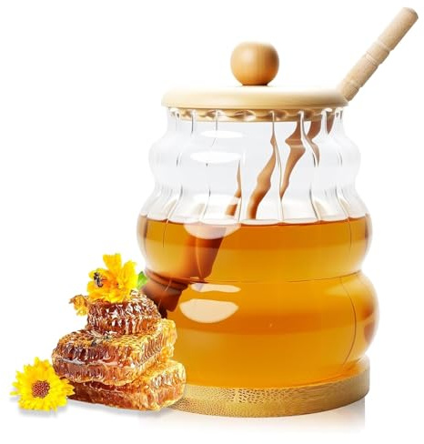 deegbbyi Honigkännchen, 450ML Honigtopf mit Löffel aus Holz | Transparent Honigspender Glas mit Breiter Öffnung Vertikale Streifen Gravur für Aufbewahrung von Honig Marmelade Sirup Saft