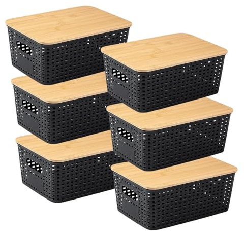 6 Stück Aufbewahrungsbox Mit Bambus Deckel,5L Kunststoff Bad Organizer Klein Aufbewahrungskorb Mit Griff,Stapelbar Kisten Aufbewahrung Mit Deckel Für Küche Schlafzimmer Balkon Regale (Schwarz)