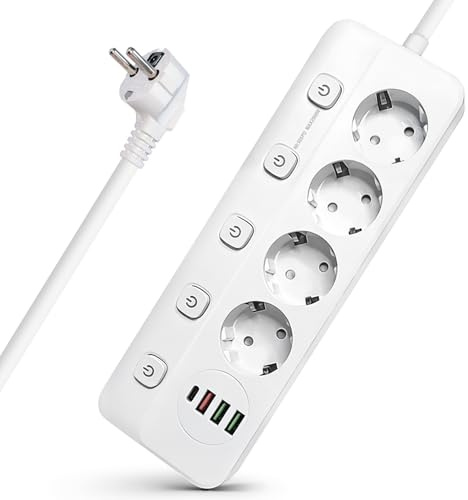Amening Multiprise 4 prises commutables individuellement, avec 4 ports USB (5 V/2,0 A), prise de table antidérapante, avec câble d'extension de 2 m, sécurité enfant et protection contre les surcharges