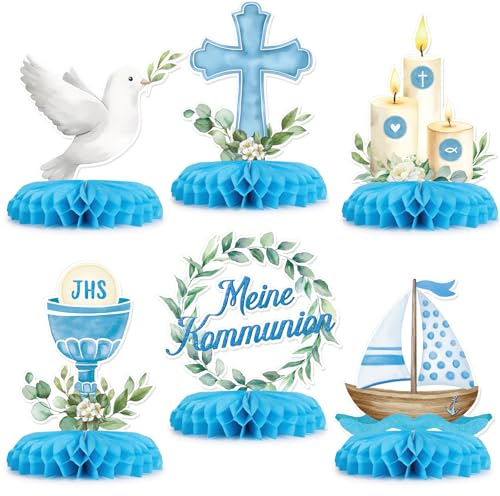 COMOOKA 6 Stücke Kommunion Deko Tischdeko Kommunion Bienenwabe Blau Babyshower Dekoration Junge Mädchen Taube Kreuz Boot Kerze Gral Motiv Kommuniondeko Junge