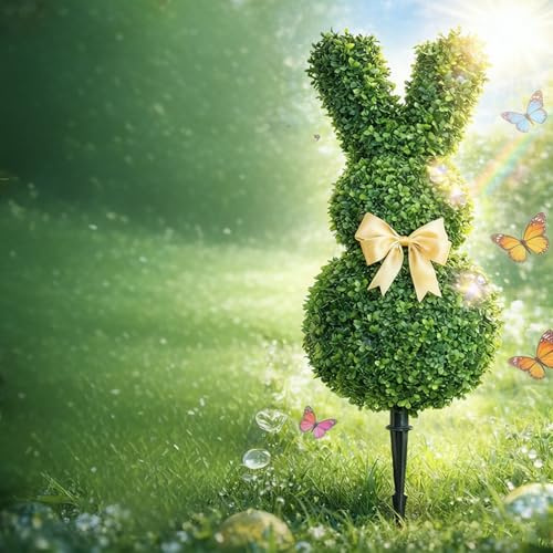 Buchsbaum Künstlich Hase Osterdeko Outdoor XXL, Uv-Beständig Künstliche Hasen Formschnitt Baum Mit Erdspieß, Osterhasen Figuren Groß Outdoor, Deko Frühling Für Garten Innen Außenbereich (1PC-A)