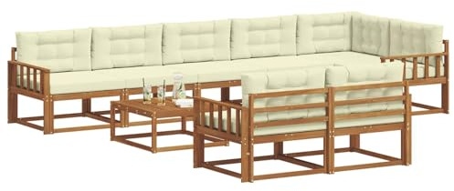 vidaXL Outdoor-Sofagarnitur mit Kissen 9 pcs Natur und Creme, Outdoor-Sitzmöglichkeiten, Garten-Lounge-Sofaset, Langlebige Terrassen-Sektional, Modernes Gartenmöbel