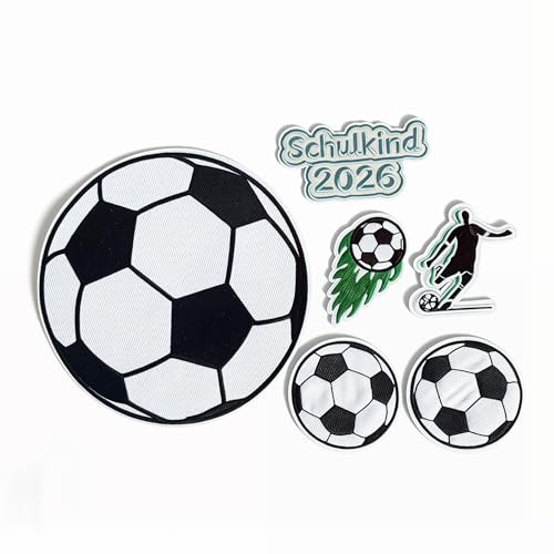 Schulkind 2026 Aufnäher, 6-teiliges Aufnäher-Set, Aufbügler zum Schulanfang, Fußball & Fußballspieler, zum Aufbügeln oder Aufnähen, für Schultüte, Rucksack und Kleidung