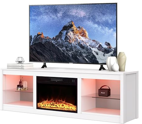 Parrot Uncle Weißer TV Schrank mit Elektrokamin für Fernseher bis 65 Zoll, Modernes TV Lowboard im Landhausstil, TV Möbel mit Stauraum, LED Flammeneffekt, Fernbedienung