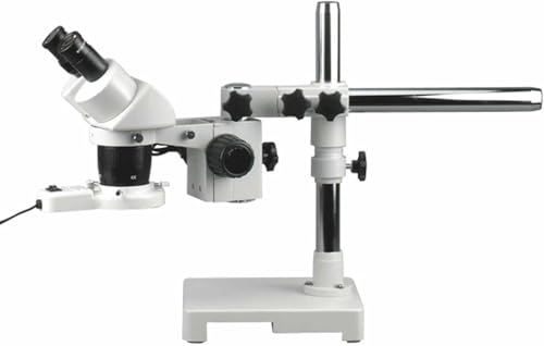 AmScope SW-3B13Y-FRL Binocular Stereo Microscope, WH10x Eyepieces, 5X/15X/30X/45X Magnification, 1X/3X Objective, Single-Arm Boom Stand, 8W Fluorescent Ring Light, 110V-120V, Includes 1.5x Barlow Lens