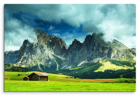120x80cm Leinwandbild auf Keilrahmen Alpen Berge Wiesen Holzhütte Wolken Wandbild auf Leinwand als Panorama