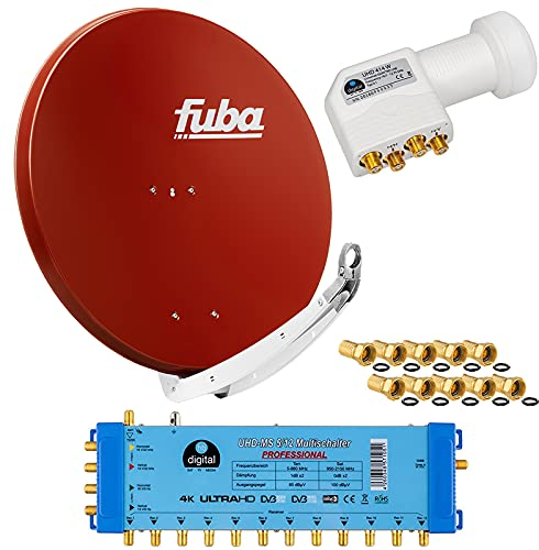 FUBA 12 TEILNEHMER DIGITAL SAT ANLAGE DAA850R + Profi LNB 0,1dB Full HDTV 4K + PMSE Multischalter 5/12 + 35 Vergoldete F-Stecker Gratis dazu
