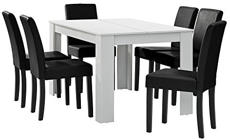 [en.casa] Esstisch weiß matt mit 6 Stühlen schwarz Kunstleder gepolstert 140x90 Essgruppe Esszimmer