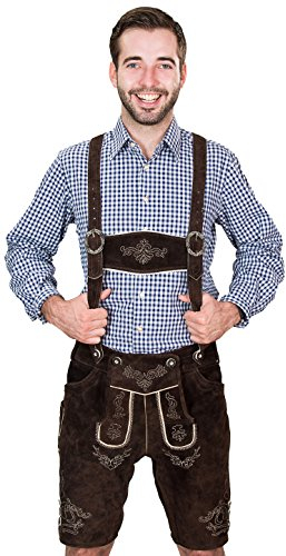 Bayerische Herren Trachten Lederhose kurz, Trachtenlederhose mit Trägern, original in Dunkelbraun, Oktoberfest, Größe 56