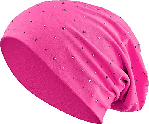 Jersey Baumwolle elastisches Long Slouch Beanie Unisex Herren Damen mit Strass Stern Steinen Mütze Heather in 35 (7) (Pink)
