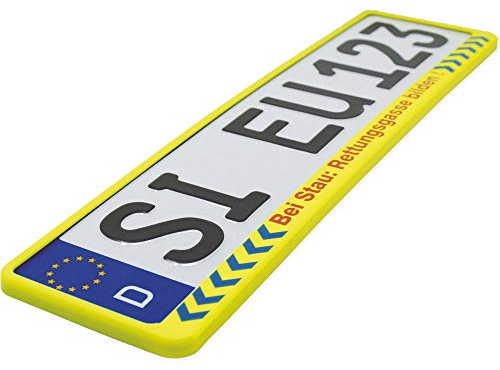 KFZ Kennzeichen-Halter | Rettungsgasse bilden | Neongelb Text Hinweis Rot | Universal Nummern-Schild Halterung | 520 mm Standard Größe Rahmen