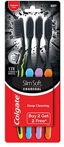 Colgate SlimSoft Kohle Zahnbürste 4er Set | Weiche Borsten | Tiefenreinigung