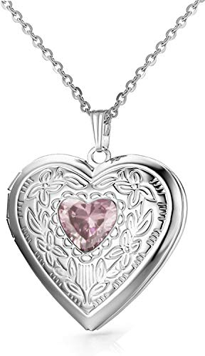 Birthstones Locket Necklace that Holds Pictures Love Heart Photo Locket Crystals Necklace Pendant Birthday Gifts (June)