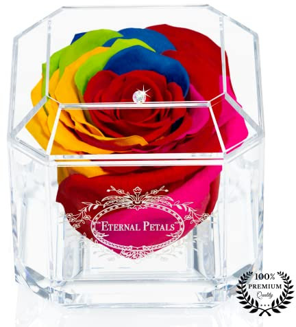 A 100% Real Rose That Lasts Years - Eternal Petals, Handmade in UK – White Gold Solo with A Multicolour Crystal (Rainbow)