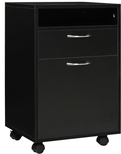 HOMCOM 60cm Filing Cabinet with Drawer, Open Shelf, Metal Handles and 4 Wheels, Office Home Organiser Mobile Printer, Black
