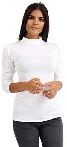 janisramone Womens Ladies Long Sleeve Turtle Polo Neck T-Shirt Slim Fit Jersey Casual Basic Plain Tee Vest Top White