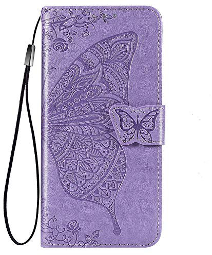 LEYAN Cover per Samsung Galaxy A12 /M12, Custodia Flip PU/TPU Portafoglio Pelle con Stand/Carte Slot, Chiusura Magnetica 3D Farfalla Telefono Case Custodie, Porpora