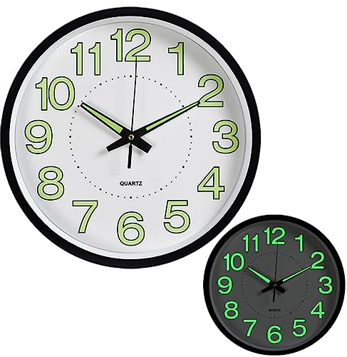 Warmiehomy Luminous Wall Clock - 12 Inch Small Round Night Light for Living Room and Bedroom - Silent Non-Ticking Black Battery Powered Light Up Clock for Day & Night Use