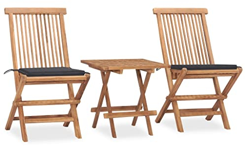 vidaXL Teak Massiv Gartenmöbel 3-TLG. mit Kissen Klappbar Balkonset Bistroset Sitzgruppe Balkonmöbel Gartengarnitur Gartenset Tisch Stühle