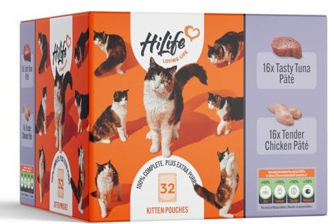 HiLife Kitten Wet Cat Food, Mixed Chicken & Tuna Pate Recipes, Complete Cat Food Pouches for Kittens 1 - 12 Months, 100% Natural & Grain Free (32 x 70g Pouches)