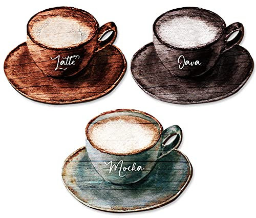 3 Stück Holz-Kaffeeschild Latte Mokka Java Buchstaben Kaffeetasse Wanddekoration Retro Kaffee Bar Holz Wanddekoration Bauernhaus Café Wand Kaffee Dekorationen für Küche Café Wanddekoration 15 x 12 cm