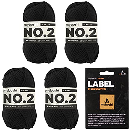 myboshi No.2 inkl. Label, Baumwolle zum Häkeln und Stricken, für Baby und Amigurumi, vegan, 60 Grad waschbar, 50g, Ll 100m Schwarz (Schwarz), 4 Knäuel