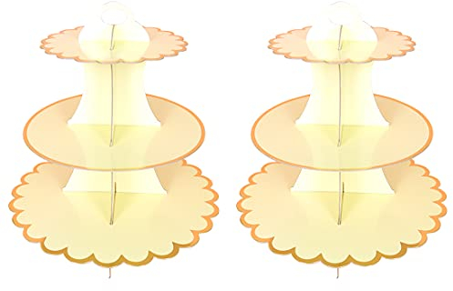2 PACK Cardboard Cake Stand, 3 Tier Paper Dessert Round Cupcake Holder Tower Disposable Pastry Stand for Birthday, Afternoon Tea,Wedding Party Anniversary Christening Fruit Desserts Display(Yellow)