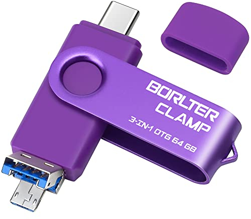 64 GB USB Stick 3-in-1 für Android Handys, BorlterClamp OTG USB 3.0 Flash-Laufwerk Speicherstick mit 3 USB-Anschlüsse (USB Typ-C/microUSB/USB-A) für Samsung Galaxy, Laptops und Mehr (Violett)