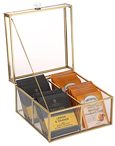 IGNPION Boîte de rangement moderne en verre pour sachets de thé avec 4 compartiments - Transparent - Pour café, thé, cosmétiques, bijoux