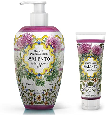 Le Maioliche – Salento – Bad und Dusche Schaum 700 ml + Handcreme 100 ml – Made in Italy – Noten von Neroli, Gardenia, Jasmin, Patschuli, Zitrone + 2 funktionelle Kräutertees Viropa