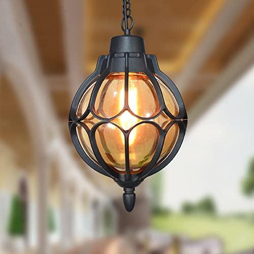 Vintage Außen Pendelleuchte Aussen Innen Schwarz Pendellampe Höhenverstellbar Industrie Retro Wasserdicht Rahmen Lampe Kugel-Design Deckenleuchte Glasschirm Laterne,φ22.5 * 38.5CM