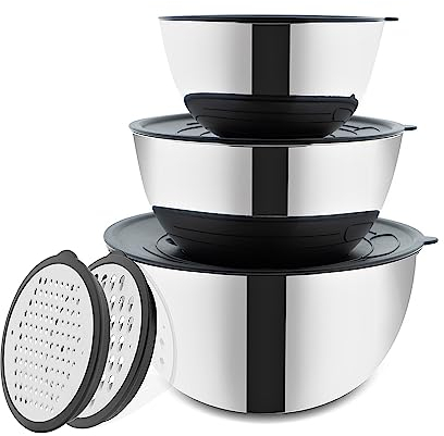 BEM Edelstahl Schüssel Set mit Deckel und Reibe, 3 Größe 1.8L 3.4L 5.5L, Große Salatschüssel, Teigschüssel, Servierschüssel, Rührschüssel Set, Metallschüssel