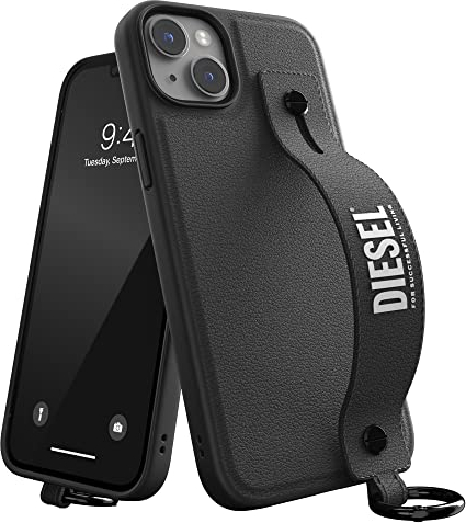 Diesel Hülle Entworfen für iPhone 14 Plus mit Griff | 6,7 Zoll schwarzes und weißes Lederdesign mit Halter | Stoßfester Fallschutz | Kompatibel mit kabellosem Laden | Erhöhten Kanten