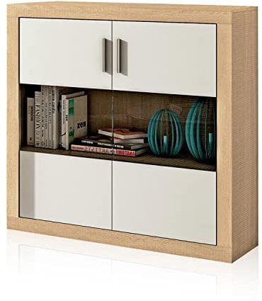 duehome | Salon Modular, Bodeguero con 2 Puertas, Composicion Salon por Piezas, Modelo Nuka, Acabado en Cambria y Blanco, Medidas: 110 cm (Largo) x 110 cm (Alto) x 34,6 cm (Fondo)