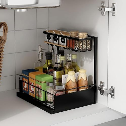 Organizador Bajo Fregadero,Organizador Bajo Fregadero Acero INOX Cocina 2 Niveles, Niveles Deslizable Organizador Debajo Fregadero Cocina,Múltiples Fines Estanteria Cajon Extraíble para Cocina Baño
